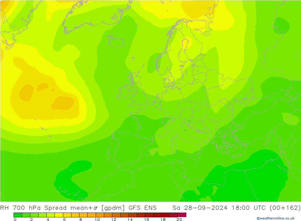 RH 700 hPa Spread GFS ENS Sa 28.09.2024 18 UTC