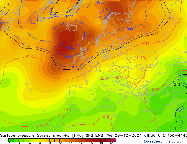 Pressione al suolo Spread GFS ENS mer 09.10.2024 06 UTC