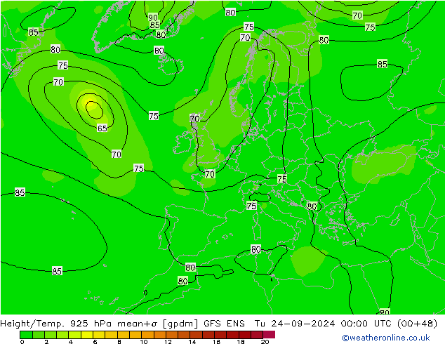 Height/Temp. 925 гПа GFS ENS вт 24.09.2024 00 UTC