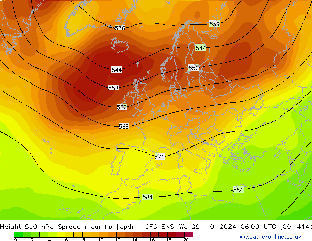 Height 500 hPa Spread GFS ENS mer 09.10.2024 06 UTC