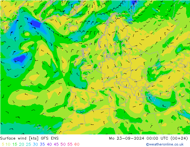 Viento 10 m GFS ENS lun 23.09.2024 00 UTC