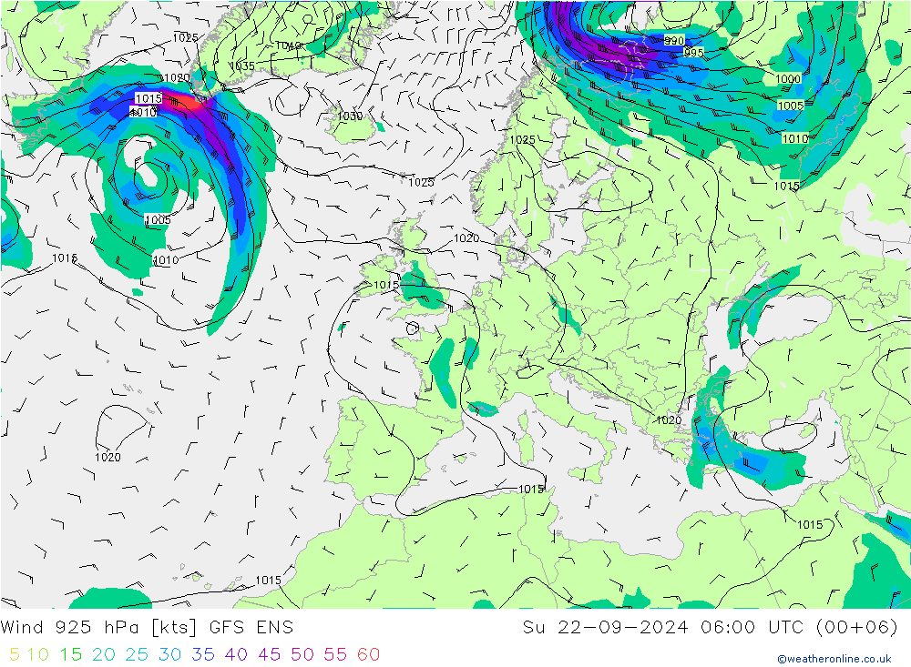 Wind 925 hPa GFS ENS Su 22.09.2024 06 UTC