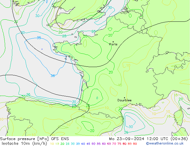 Isotachs (kph) GFS ENS пн 23.09.2024 12 UTC