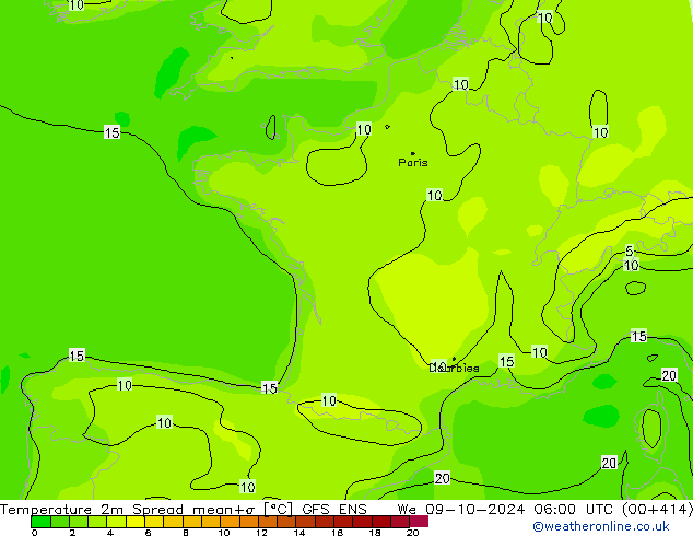 Temperatuurkaart Spread GFS ENS wo 09.10.2024 06 UTC