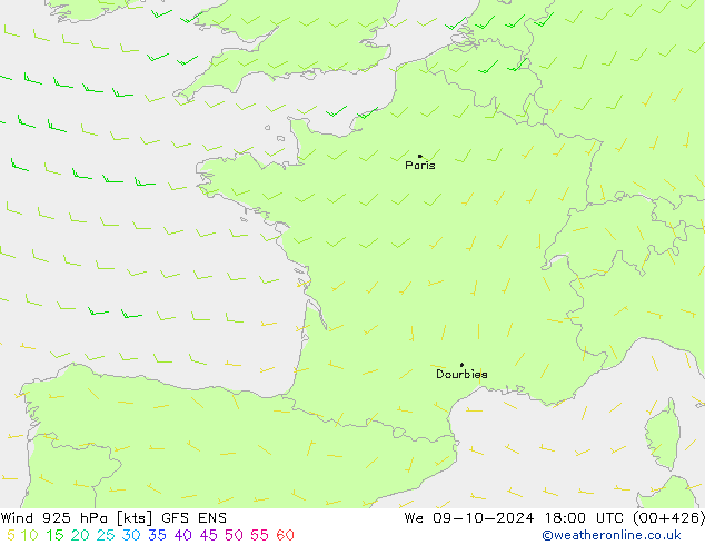 Wind 925 hPa GFS ENS Mi 09.10.2024 18 UTC