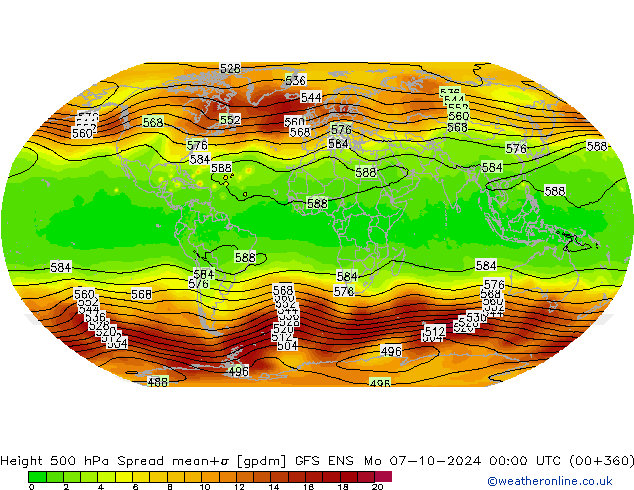 Height 500 hPa Spread GFS ENS Mo 07.10.2024 00 UTC