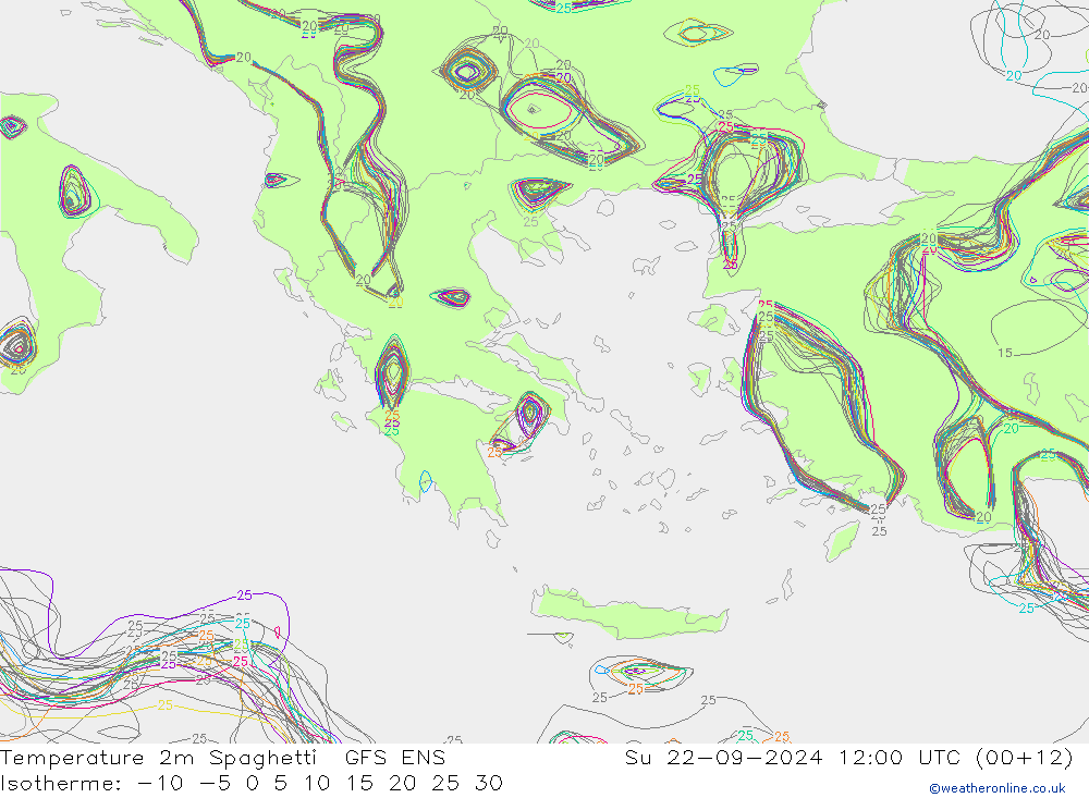 Temperature 2m Spaghetti GFS ENS Su 22.09.2024 12 UTC