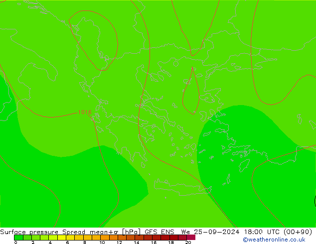 Luchtdruk op zeeniveau Spread GFS ENS wo 25.09.2024 18 UTC