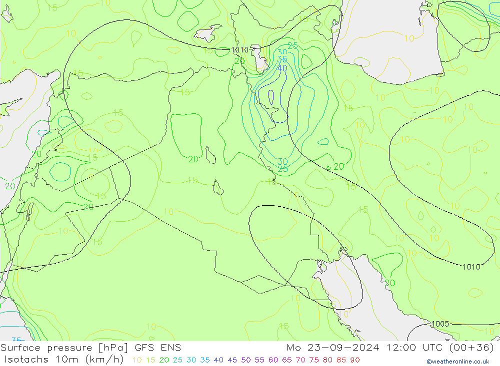 Isotachs (kph) GFS ENS Mo 23.09.2024 12 UTC