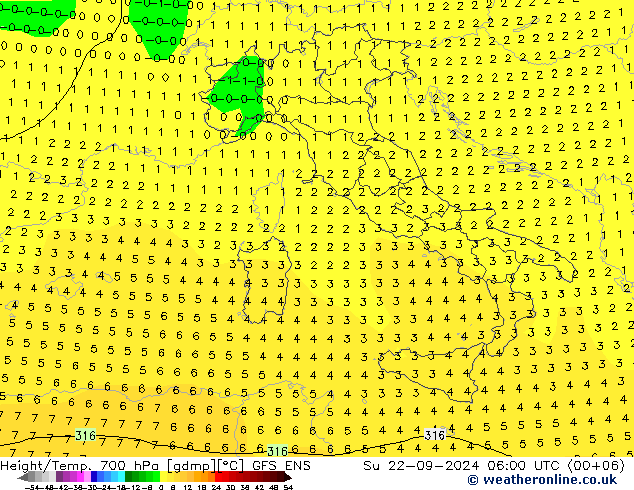 Height/Temp. 700 hPa GFS ENS Su 22.09.2024 06 UTC