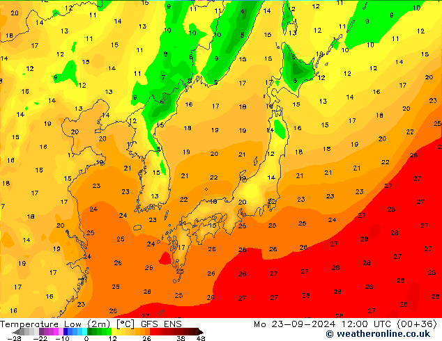 Min.temperatuur (2m) GFS ENS ma 23.09.2024 12 UTC