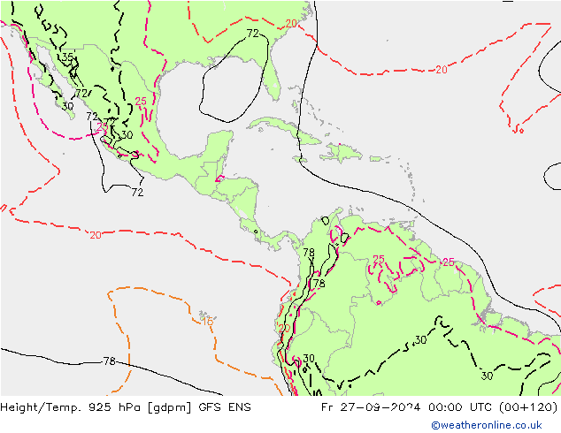 Geop./Temp. 925 hPa GFS ENS vie 27.09.2024 00 UTC