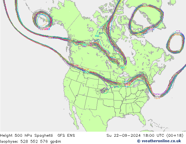 Height 500 hPa Spaghetti GFS ENS So 22.09.2024 18 UTC