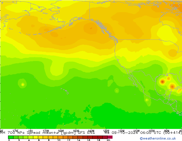 RH 700 hPa Spread GFS ENS Mi 09.10.2024 06 UTC