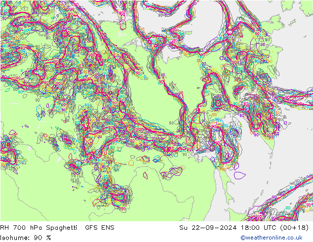 RH 700 hPa Spaghetti GFS ENS Su 22.09.2024 18 UTC