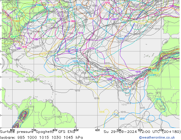 Luchtdruk op zeeniveau Spaghetti GFS ENS zo 29.09.2024 12 UTC