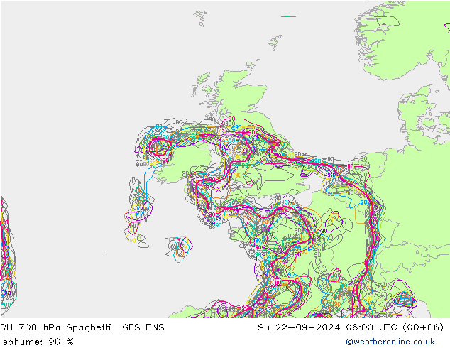 RH 700 hPa Spaghetti GFS ENS Su 22.09.2024 06 UTC