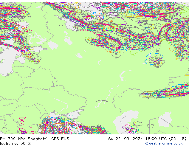 RH 700 гПа Spaghetti GFS ENS Вс 22.09.2024 18 UTC