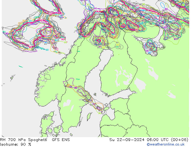 RH 700 hPa Spaghetti GFS ENS 星期日 22.09.2024 06 UTC