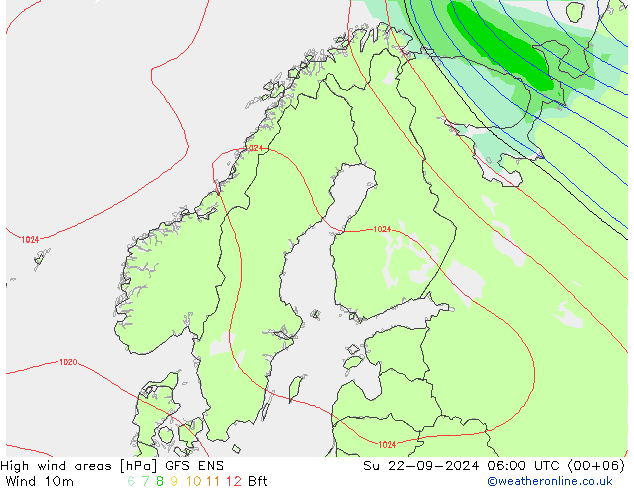 High wind areas GFS ENS 星期日 22.09.2024 06 UTC