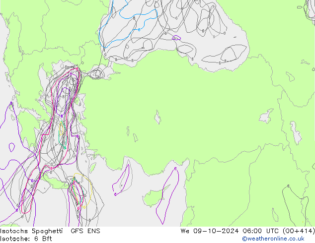 Isotachen Spaghetti GFS ENS wo 09.10.2024 06 UTC