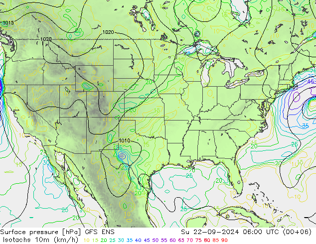 Eşrüzgar Hızları (km/sa) GFS ENS Paz 22.09.2024 06 UTC