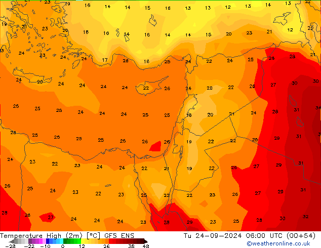 Nejvyšší teplota (2m) GFS ENS Út 24.09.2024 06 UTC