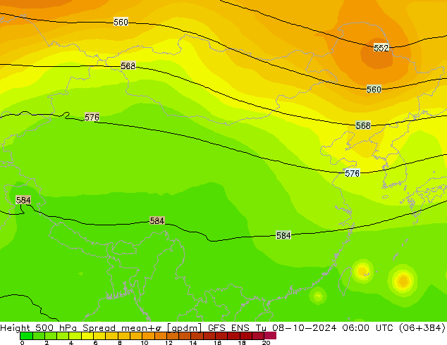 Height 500 hPa Spread GFS ENS 星期二 08.10.2024 06 UTC