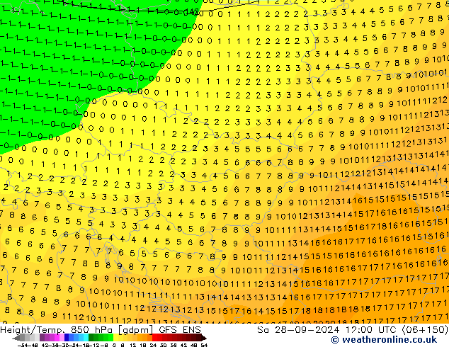 Hoogte/Temp. 850 hPa GFS ENS za 28.09.2024 12 UTC