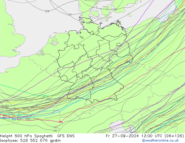 Height 500 hPa Spaghetti GFS ENS Fr 27.09.2024 12 UTC