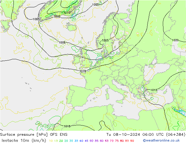 Isotachen (km/h) GFS ENS di 08.10.2024 06 UTC