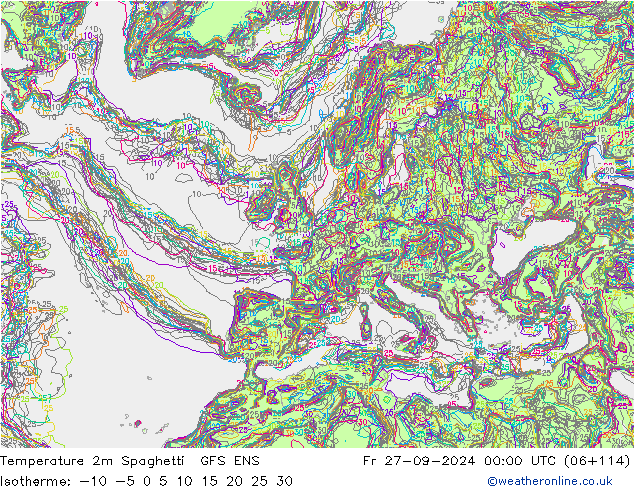 Temperature 2m Spaghetti GFS ENS Fr 27.09.2024 00 UTC