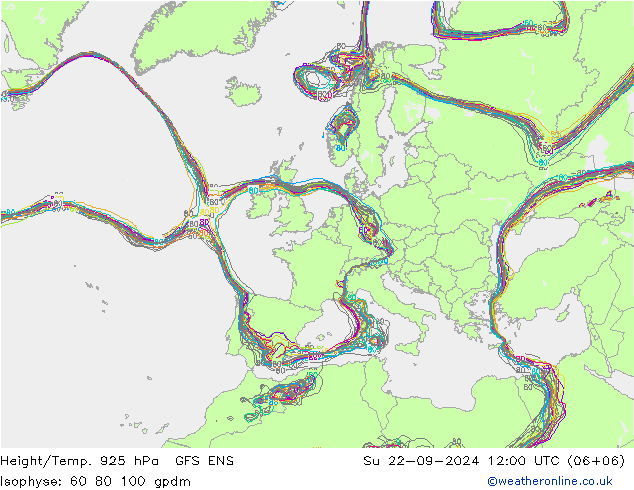 Height/Temp. 925 hPa GFS ENS Dom 22.09.2024 12 UTC