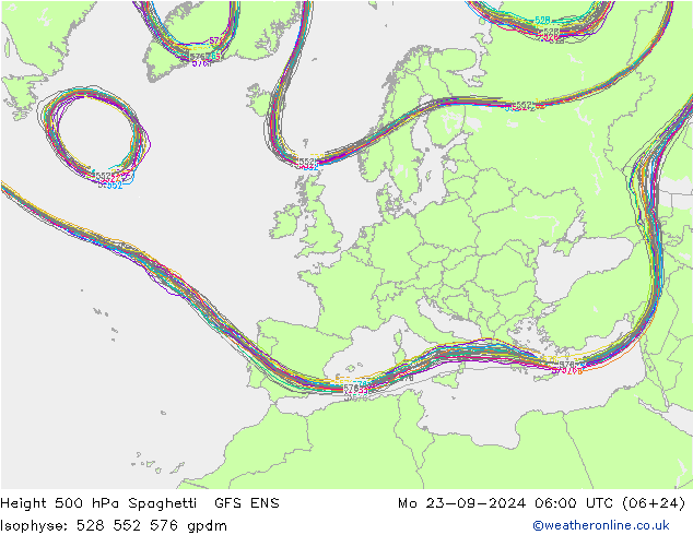 Height 500 hPa Spaghetti GFS ENS 星期一 23.09.2024 06 UTC