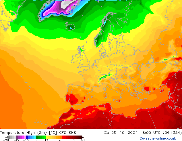 Nejvyšší teplota (2m) GFS ENS So 05.10.2024 18 UTC