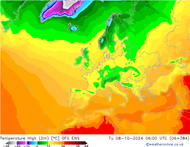 Temperature High (2m) GFS ENS 星期二 08.10.2024 06 UTC