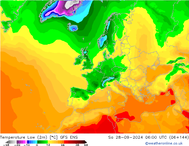 Nejnižší teplota (2m) GFS ENS So 28.09.2024 06 UTC