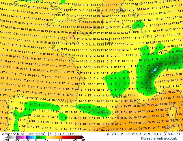 Minumum Değer (2m) GFS ENS Sa 24.09.2024 00 UTC