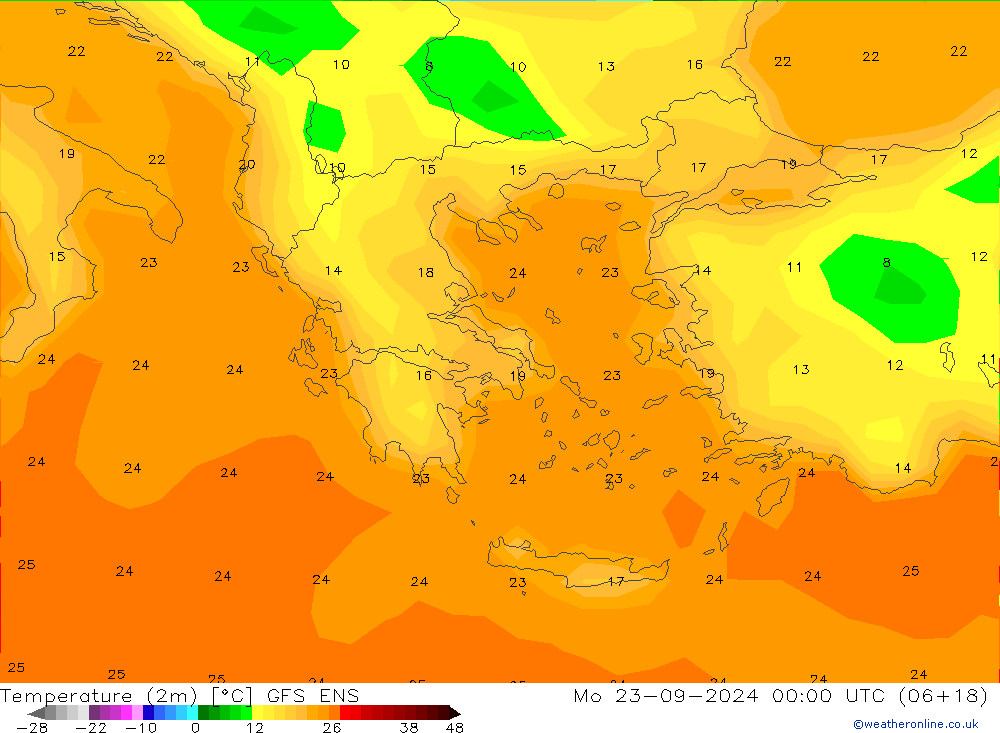 Temperatuurkaart (2m) GFS ENS ma 23.09.2024 00 UTC