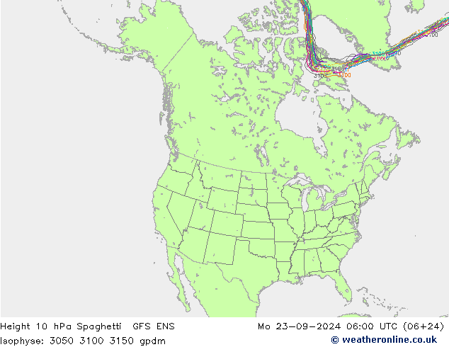 Height 10 hPa Spaghetti GFS ENS 星期一 23.09.2024 06 UTC