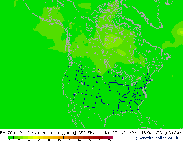 RH 700 hPa Spread GFS ENS lun 23.09.2024 18 UTC