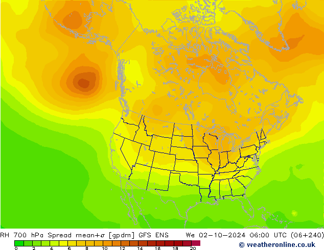 RH 700 hPa Spread GFS ENS Mi 02.10.2024 06 UTC