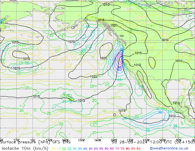 Isotachen (km/h) GFS ENS za 28.09.2024 12 UTC