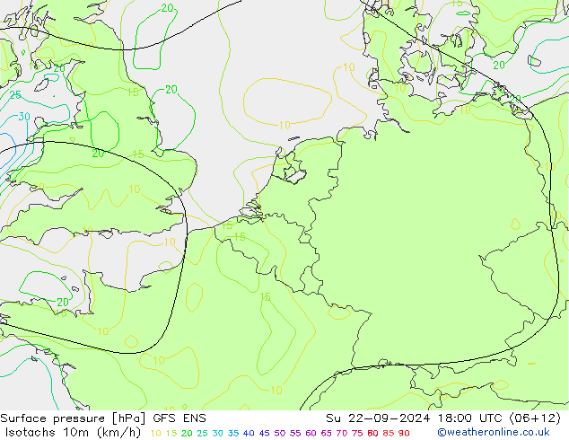 10米等风速线 (kph) GFS ENS 星期日 22.09.2024 18 UTC