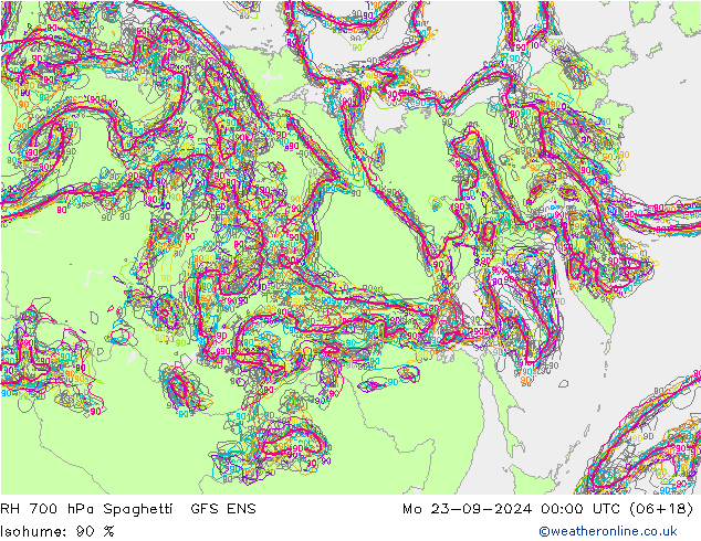 RH 700 hPa Spaghetti GFS ENS lun 23.09.2024 00 UTC