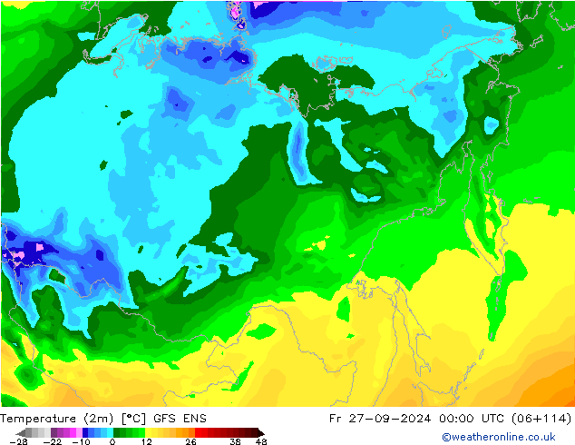 Temperatuurkaart (2m) GFS ENS vr 27.09.2024 00 UTC