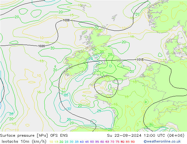 Isotachen (km/h) GFS ENS zo 22.09.2024 12 UTC