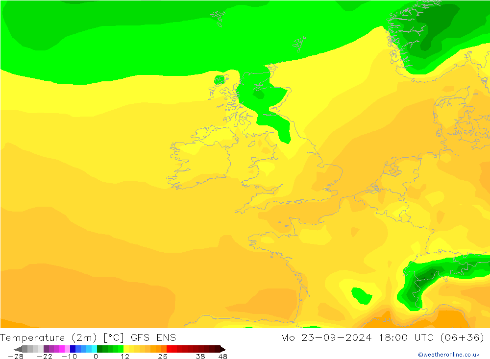 Temperatuurkaart (2m) GFS ENS ma 23.09.2024 18 UTC