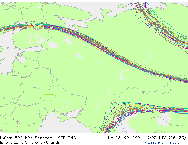 Height 500 hPa Spaghetti GFS ENS lun 23.09.2024 12 UTC