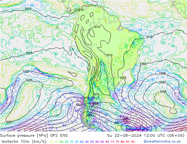 Isotachs (kph) GFS ENS Su 22.09.2024 12 UTC